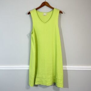 Lantana Shift Dress Womans LG Lime Green 100% Linen Pleated Skirt Resort Beachy